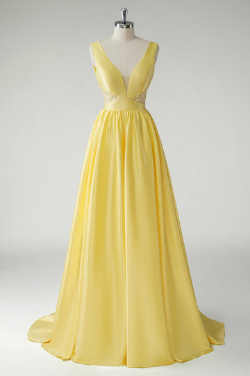 Yellow A Line Deep V-Neck Sequins Long Prom Dress